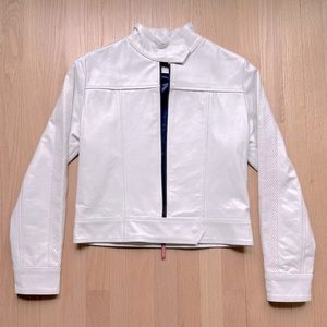 Peroni Italy White Leather Full Zip LOGO perforated Sleeve Jacket